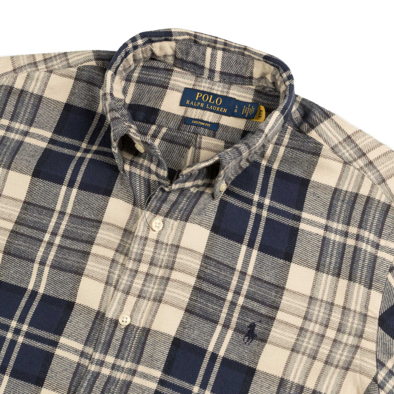 Polo Ralph Lauren Custom Fit Plaid Brushed Flannel Shirt - M / Off White / Navy - 4