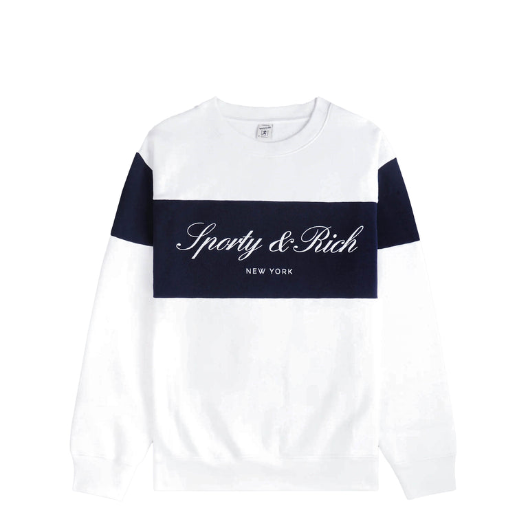 Sporty & Rich Signature Logo Block Crewneck - L / White / Dark Navy White - 1