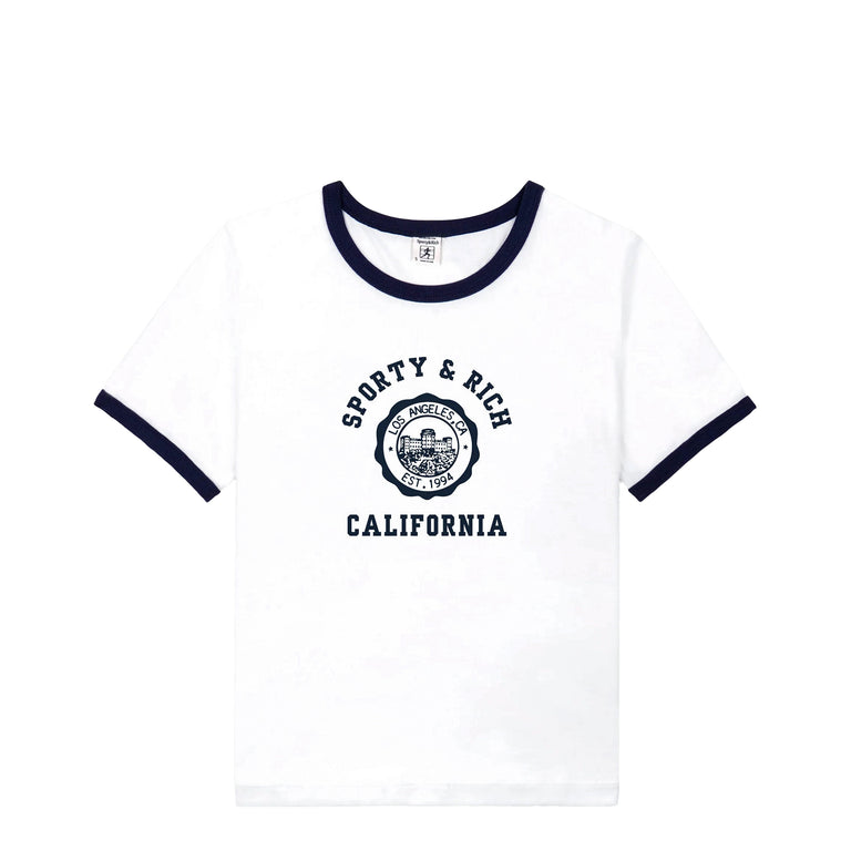 Sporty & Rich California Emblem Soft Ringer Tee - L / White / Dark Navy Dark Navy - 1