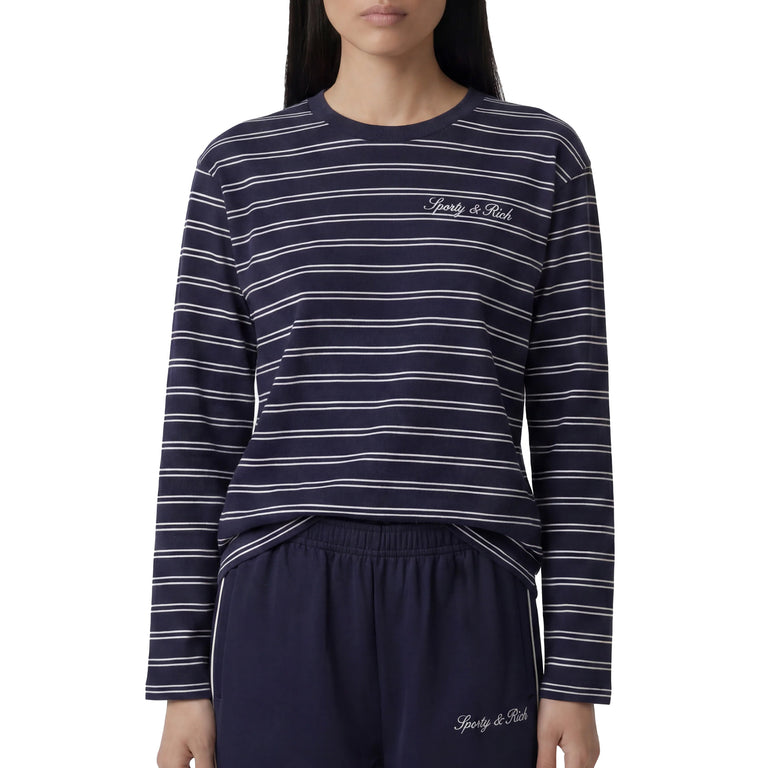 Sporty & Rich Signature Logo Easy Longsleeve - L / Dark Navy / White White - 2