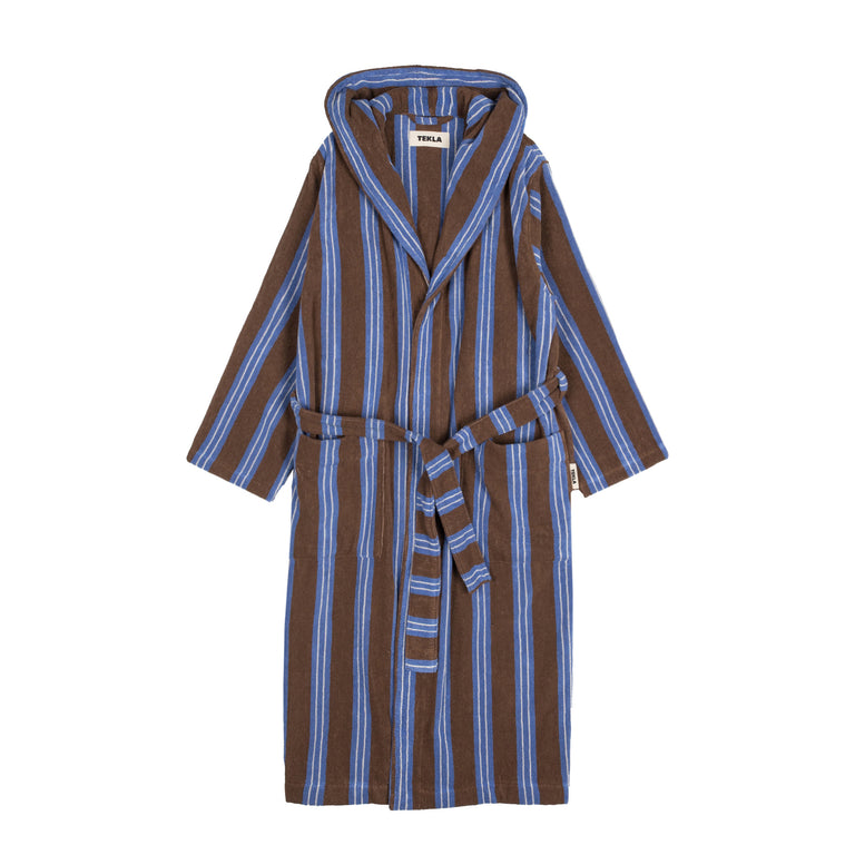 Tekla Hooded Bathrobe - S / Chestnut Stripes
