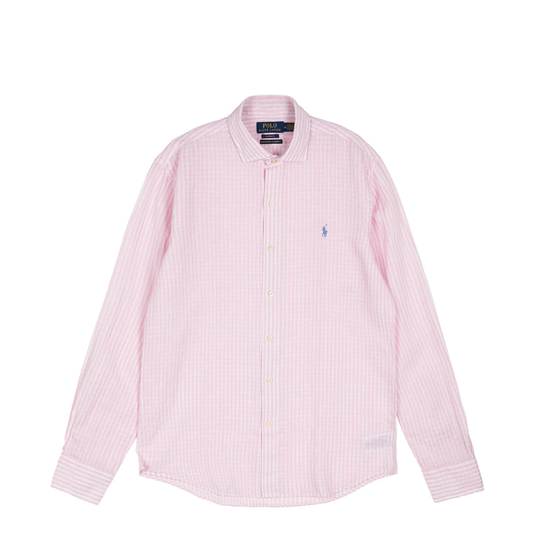 Polo Ralph Lauren Custom Fit Striped Seersucker Linen Shirt - XL / Pink / White
