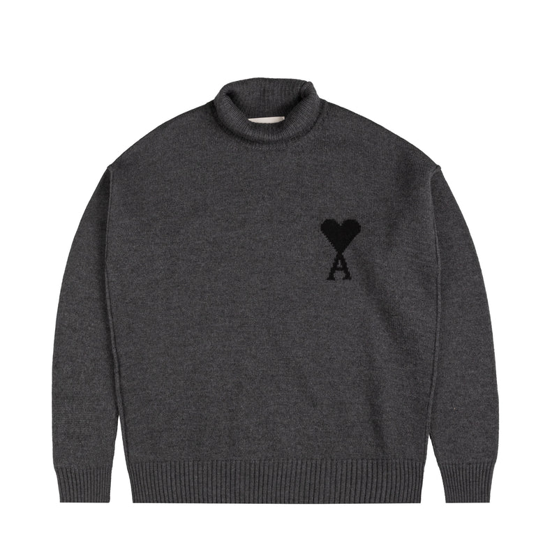 AMI Paris	Ami De Coeur Funnel Neck Wool Sweater - XL / Heather Grey
